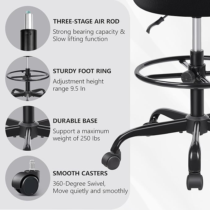 Primy Office Drafting Chair Armless, Tall Office Desk Chair Adjustable Height and Footring, Mid-back Ergonomic Standing Desk Chair Mesh Rolling Tall Chair for Art Room, Office or Home(Black)