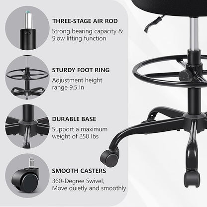 Primy Office Drafting Chair Armless, Tall Office Desk Chair Adjustable Height and Footring, Mid-back Ergonomic Standing Desk Chair Mesh Rolling Tall Chair for Art Room, Office or Home(Black)