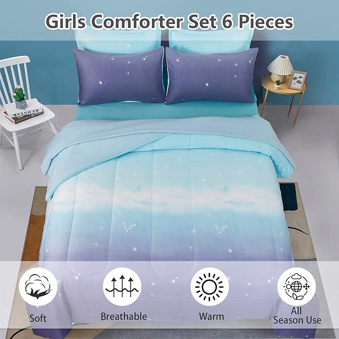Girls Comforter Set Twin Size 6 Pieces Bed in A Bag Colorful Ombre Blue Purple Rainbow Bedding Set for Kids Teen (1 Comforter, 1 Flat Sheet, 1 Fitted Sheet, 1 Pillow sham, 2 Pillowcases)