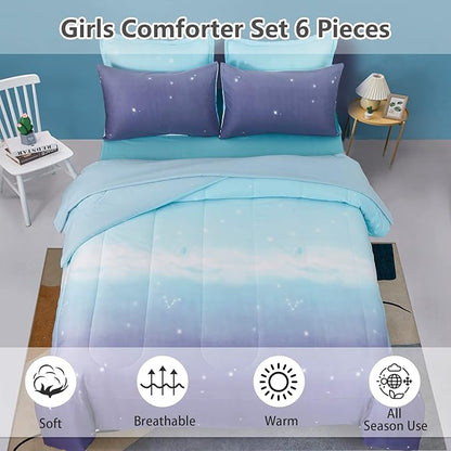 Girls Comforter Set Twin Size 6 Pieces Bed in A Bag Colorful Ombre Blue Purple Rainbow Bedding Set for Kids Teen (1 Comforter, 1 Flat Sheet, 1 Fitted Sheet, 1 Pillow sham, 2 Pillowcases)
