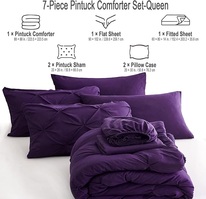 Ubauba 7pc Purple Comforter Set Queen Size with Sheets, Pintuck 7 Piece Bedding Comforters Bed in a Bag for All Season, Pinched Pleat Bed Set with Comforter (Purple,Queen)