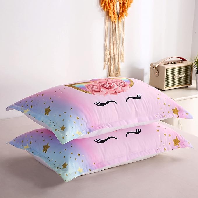 Unicorn Comforter Set Rainbow Soft Girls Unicorn Bedding with 1 Comforter 2 Pillowcases Pink Flower Unicorn Bedding Sets for Girls Twin Size
