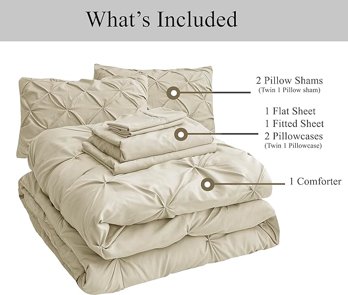 LANE LINEN California King Comforter Set, 7 Piece Cal King Bed in a Bag, Pintuck Cal King Bedding Set, Soft Cali King Bed Set, Cal King Bedding Comforter Sets with Sheets, Pillowcases & Shams - Linen