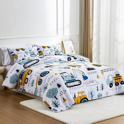 NTBED Construction Truck Full Comforter Set for Boys Kids Forest Vehicles Excavator Lightweight Microfiber Bedding Sets
