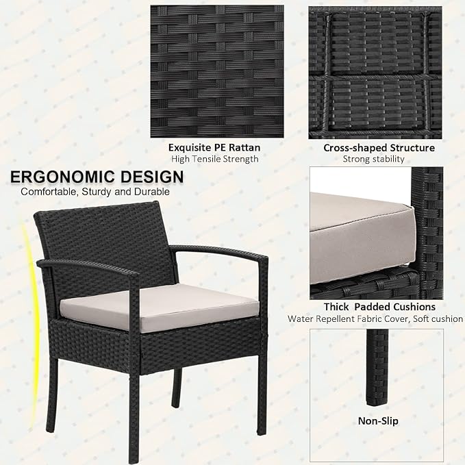 3 Pieces Patio Furniture Set, Balcony Furniture, Patio Bistro Set All-Weather Wicker Chairs Conversation Set with Cushions Table for Outdoor Backyard Porch Lawn (Black-Grey)