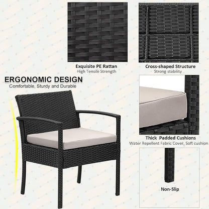 3 Pieces Patio Furniture Set, Balcony Furniture, Patio Bistro Set All-Weather Wicker Chairs Conversation Set with Cushions Table for Outdoor Backyard Porch Lawn (Black-Grey)