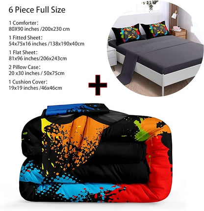 6 Pieces Gamer Comforter Set for Boys Gaming Bedding Set Full Size,Video Game Controller Comforter for Boys Kids Adult 3D Gamepad Microfiber Bedding Sets 6 Pieces Bed in A Bag Sets30019,Full