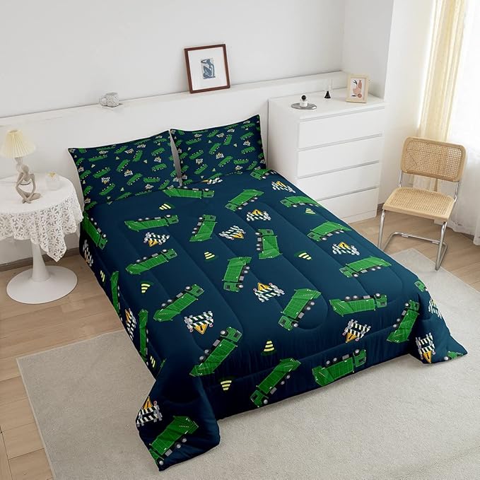 Feelyou Garbage Truck Toy Print Warm Comforter Setfor Kids Boys, Green Garbage Truck Bedding Set Cartoon Equipment Comforter Navy Blue Decor All Season Quilt Room 3Pcs King Size Boys