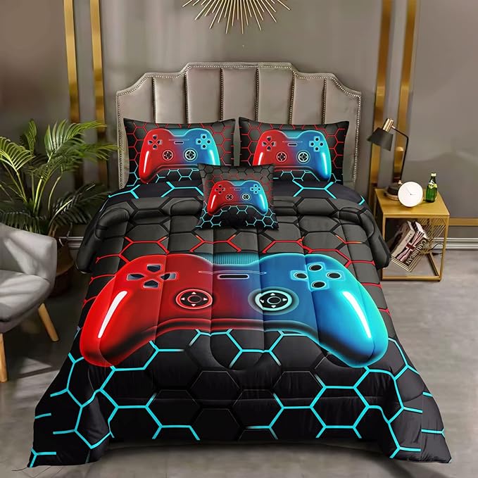 5 Pieces Bed in A Bag Gamer Bedding Set for Boys Kids Adult Gaming Comforters Set,Boys Bed in A Bag Set Twin Size Comforter with Fitted Sheet Flat Sheet Pillowcase pillowsham,DJTH5028Twin
