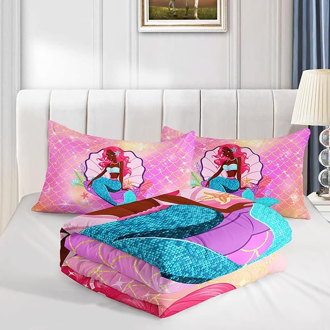 Datura home Bedding Comforter Set Black Girl Magic Mermaid Printed Pattern Quilt with 1 and 2 Pillowcases for Girls Bedroom All Season(Black Pink Full) Full 80x90inches