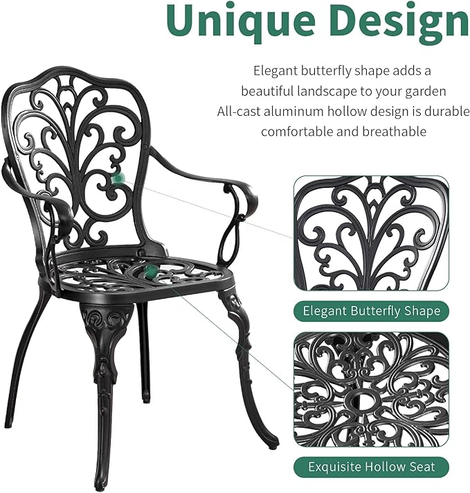 Bistro Table and Chairs Set of 2 with Umbrella Hole,Cast Aluminum Patio Bistro Sets 3 Piece,Outdoor Bistro Table Set,Patio Furniture Set for Front Porch Set,Garden(Butterfly Black)
