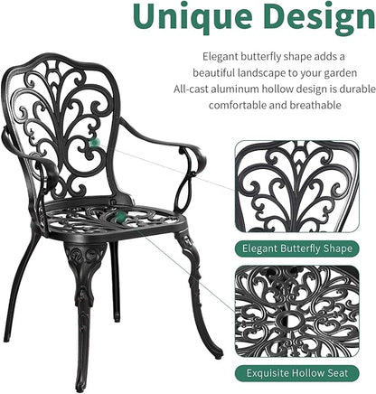 Bistro Table and Chairs Set of 2 with Umbrella Hole,Cast Aluminum Patio Bistro Sets 3 Piece,Outdoor Bistro Table Set,Patio Furniture Set for Front Porch Set,Garden(Butterfly Black)