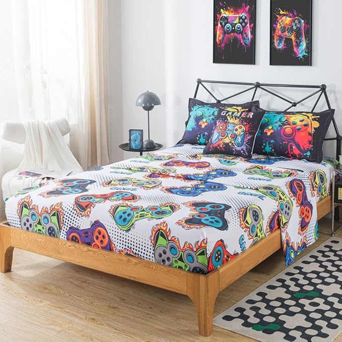 ADASMILE A & S Gamer Comforter Sets for Boys Teens 6 Pieces Gaming Bedding Set Twin Size Colorful Video Game Gaming Comforter for Kids Gamer Bed in A Bag Comforter with Gamer Sheets Home Decor