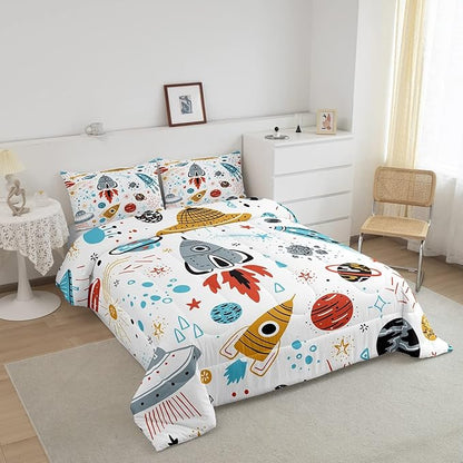 Erosebridal Outer Space Bedding Set King Size Kids Boys Space Ship Rocket Comforter Set Cartoon Universe Stars Planet Down Comforter Cosmos Meteorite Quilt Duvet Set with 2 Pillow Cases