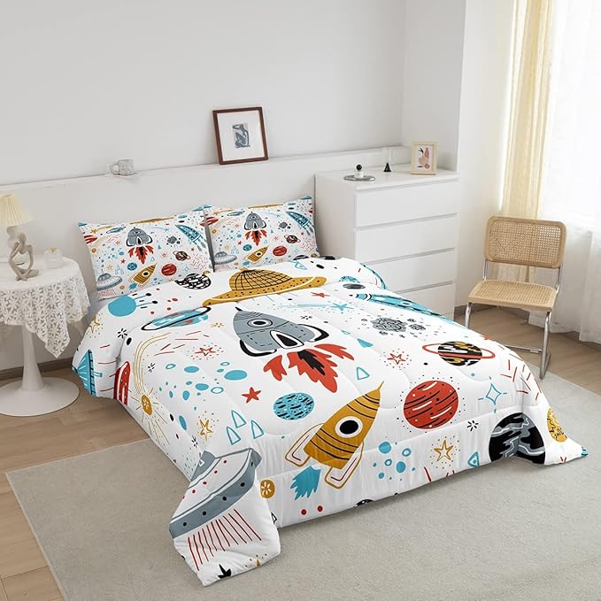 Erosebridal Outer Space Bedding Set Twin Size Kids Boys Space Ship Rocket Comforter Set Cartoon Universe Stars Planet Down Comforter Cosmos Meteorite Quilt Duvet Set with 1 Pillow Case