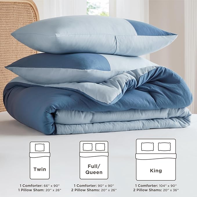 Blue Full/Queen Comforter Set - Modern Soft Farmhouse Comforter Sets for Men, Masculine Colorblock Pattern Bedding Set for All Season, 3 Pieces includes 1 Comforter, 2 Shams (90"x 90")