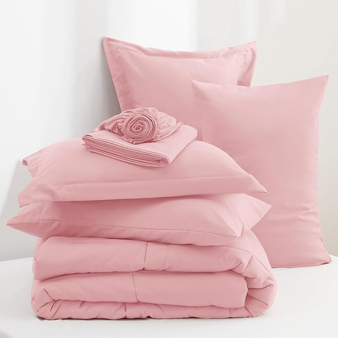 Bedsure Pink Full Size Comforter Set - 7 Pieces Solid Full Bed in a Bag, Full Bed Set Pink with Comforters, Sheets, Pillowcases & Shams