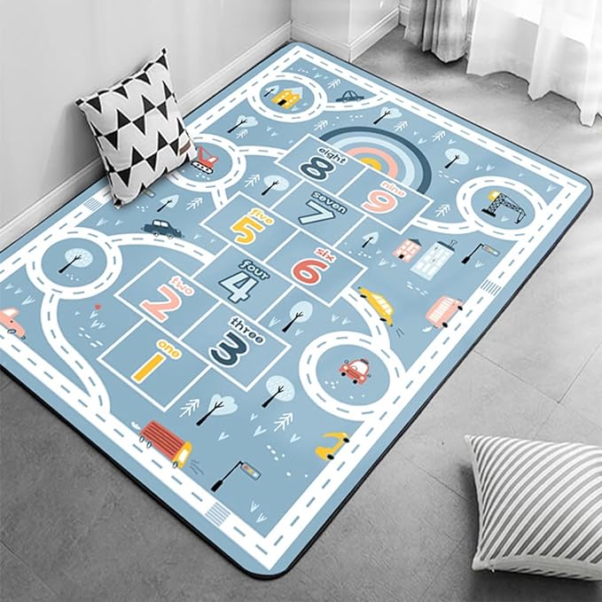 Kids Rug Play Mat, Car Rug, Hopscotch Rug, Hopscotch Mat for Kids, Can Be Used to Play with Cars Kids Carpet Play Mat,(Blue,160×230cm/63×91IN)