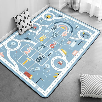 Kids Rug Play Mat, Car Rug, Hopscotch Rug, Hopscotch Mat for Kids, Can Be Used to Play with Cars Kids Carpet Play Mat,(Blue,160×230cm/63×91IN)