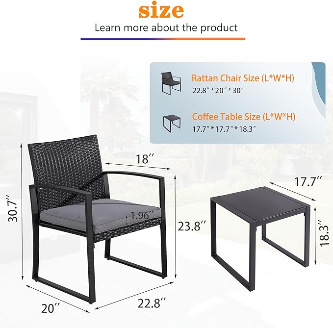 Shintenchi 3 Pieces Outdoor Patio Furniture Set, Modern Wicker Bistro Set, Conversation Rattan Chair of 2 with Coffee Table for Yard Porch Poolside Lawn(Grey Cushion)