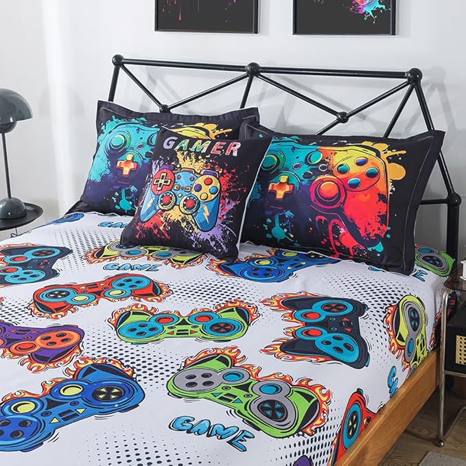 ADASMILE A & S Gamer Comforter Sets for Boys Teens 6 Pieces Gaming Bedding Set Twin Size Colorful Video Game Gaming Comforter for Kids Gamer Bed in A Bag Comforter with Gamer Sheets Home Decor