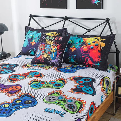 ADASMILE A & S Gamer Comforter Sets for Boys Teens 6 Pieces Gaming Bedding Set Twin Size Colorful Video Game Gaming Comforter for Kids Gamer Bed in A Bag Comforter with Gamer Sheets Home Decor