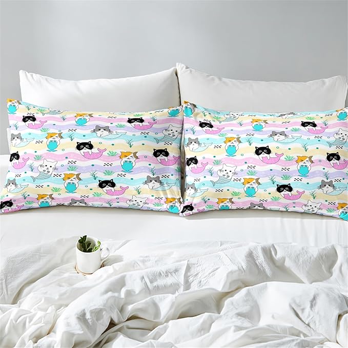 Girls Cat Bedding Set Queen Size - 3Pcs Cute Cartoon Mermaid Tail Cat Patterns Comforter Set for Girls Boys Kids Bedroom Cat Bedding Room Decor for All Season, 1 Comforter 2 Pillow Cases