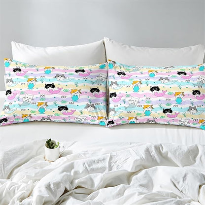 Cartoon Cat Comforter Set for Girls - Full Size Girls Cat Bedding Set for Bedroom Ultra Soft Warm Cute Mermaid Tail Cat Patterns Comforter Set for All-Season, 1 Comforter with 2 Pillowcases