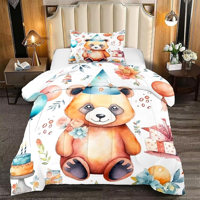 Brown Panda Twin Comforter Set - 2Pcs Cartoon Panda Twin Bedding Set for Boys Girls Kids Lovely Animals Cake Theme Comforter with 1 Quilt and 1 Pillowcase All Seasons Boys Girls Gifts, Twin Size