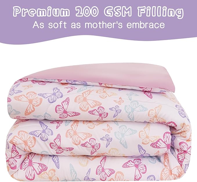 Butterfly Kids Comforter Set for Girls Twin, Cute Reversible Quilted Lavender Printed Bedding Set with Pillow Sham, Lightweight Soft Breathable Machine Washable Bed Set 2 Piece