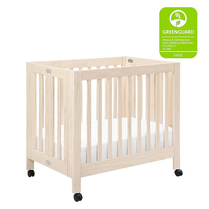 Babyletto Origami Mini Portable Crib Folding with Wheels in Washed Natural, 2 Adjustable Mattress Positions, Greenguard Gold Certified