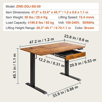 VEVOR Height Adjustable Desk, 47.2 x 23.6 in with Drawer, 3-Key Modes Electric Standing Desk,Whole Piece Desk Board, Dual Metal Frame, 180 LBS Capacity Computer Sit Stand up Desk, for Home and Office