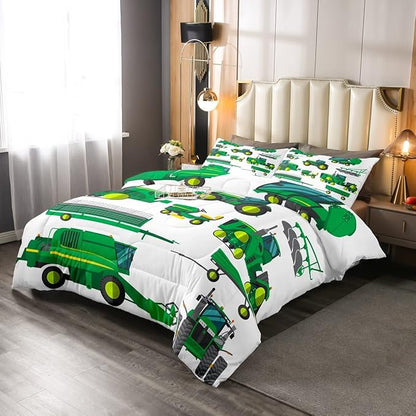 Tractor Bedding Set King Size Equipment Trucks Comforter Excavator Comforter Set for Child Kids Boys Teens Construction Site Car Quilt Set for Car Theme Room Bedroom Dorm Decor with 2 Pillow cases
