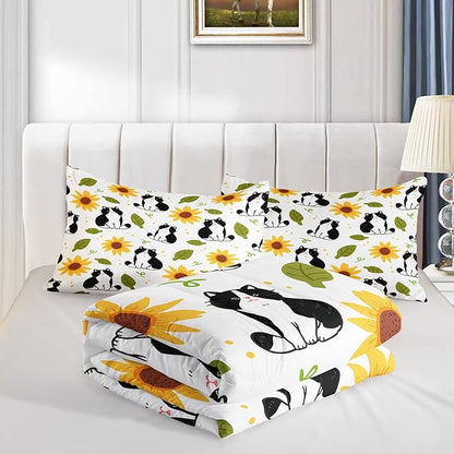 Kawaii Cat Comforter Full Size,Sunflower Cat Comforter Set for Kids Teens Girls Boys,3Pcs Bedding Set Printed Comforter with 2 Pillowcases,Down Alternative,Soft and Lightweight，Full Size