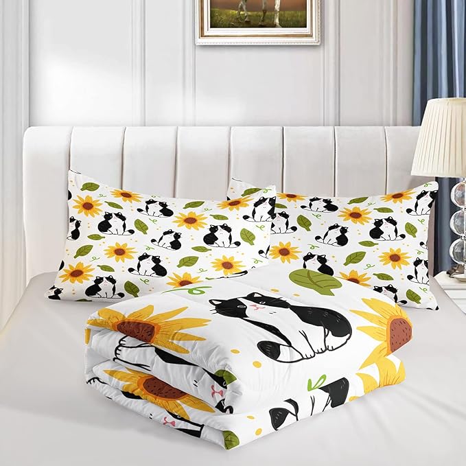Kawaii Cat Comforter Queen Size,Sunflower Cat Comforter Set for Kids Teens Girls Boys,3Pcs Bedding Set Printed Comforter with 2 Pillowcases,Down Alternative,Soft and Lightweight，Queen Size