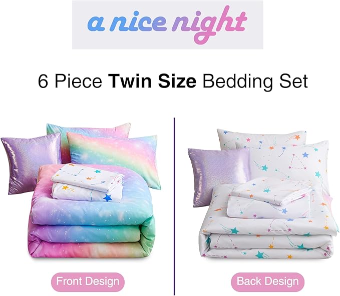 A Nice Night 6Pcs Gradient Glitter Bedding Set for Girls Twin Size, Colorful Rainbow Galaxy Comforter Set, Ultra Soft Bedding Sets, Pink