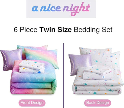 A Nice Night 6Pcs Gradient Glitter Bedding Set for Girls Twin Size, Colorful Rainbow Galaxy Comforter Set, Ultra Soft Bedding Sets, Pink