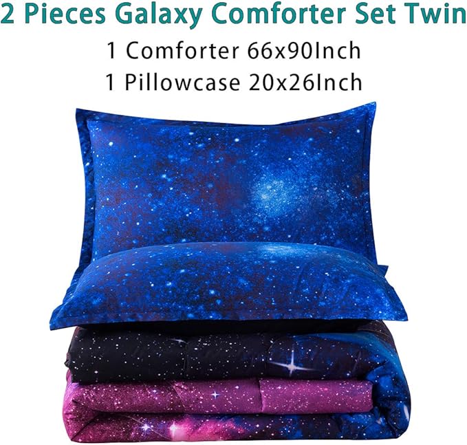 Litanika 3D Galaxy Comforter Twin(66x90lnch), 2 Pieces(1 Galaxy Comforter, 1 Pillowcase), Universe Cloud Outer Space Comforter, Microfiber Bedding Set for Boys Kids