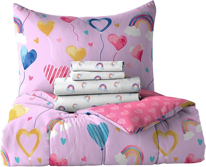 Dream Factory Kids 5-Piece Complete Bed Set Easy-Wash Super Soft Microfiber Comforter Bedding, Twin, Lilac Balloon Hearts