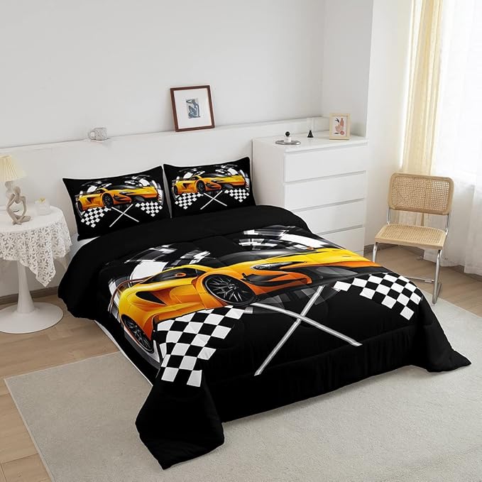 Yellow Race Car Comforter Set Full Size, Black and White Grid Quilt Set Extreme Sport Games Bedding Comforters 3pcs for Kids Teens Boys Room Decor,Soft Modern Duvet Set with 2 Pillowcases