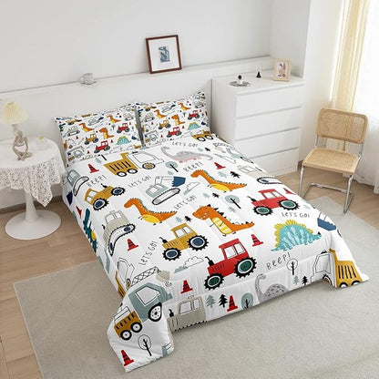 Feelyou Construction Comforter Set Kids Cartoon Dinosaur Comforter Cover Set for Boys Equipment Trucks Bedding Set Construction Vehicles Kawaii Jungle Dino Duvet Set Room Decor Quilt Set Twin Size
