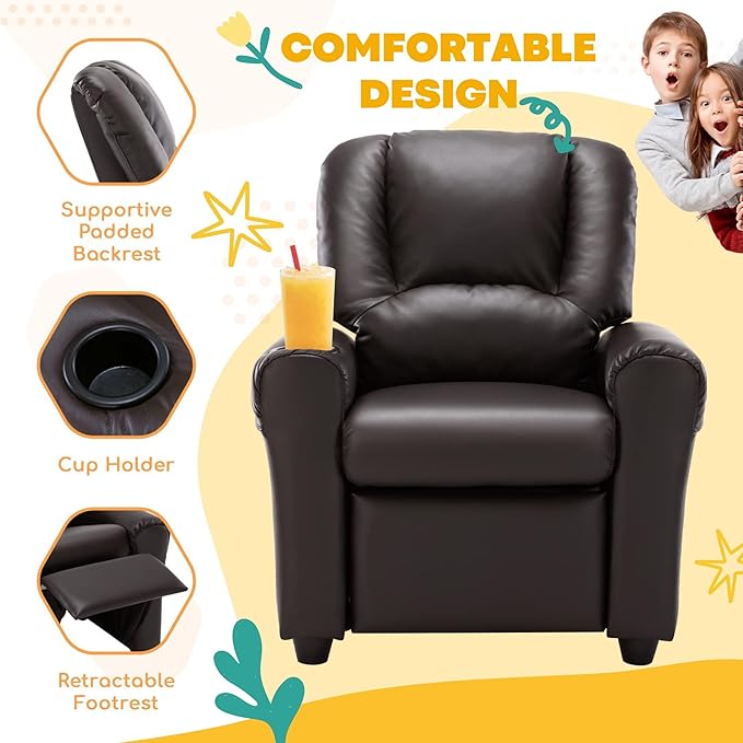 JC HOME CANDY Kids Chair Leather Recliner Sofa Toddler Youth Children Child Ages 3-7, Brown