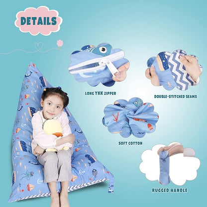 Stuffed Animal Storage Bean Bag Chair Cover, Cotton Blue Marine Life Plush Toy Storage Stuff and Sit Seat for Kids/Teens/Adults,52" x 31" Extra Large Triangle Floor Sofa, 200L/52Gal,Cover Only