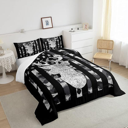 American Flag Bedding Set Deer Camo Comforter Set Queen For Kids Boys Teen Man,Western Rustic Black Grey Military Camouflage Bedding Comforters Hunting Deer Antlers Quilt Duvet For All Season 3 Pcs