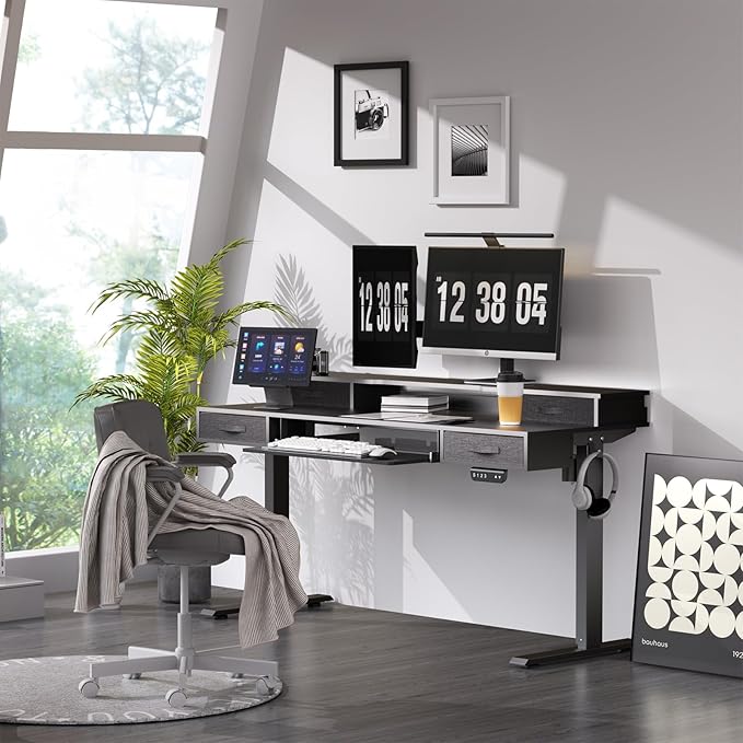 Electric Standing Desk, 55 Inches Height Adjustable Desk with Monitor Shelf, Large Sit Stand Desk with Drawers, Smart Home Office Computer Desk, Classic Black