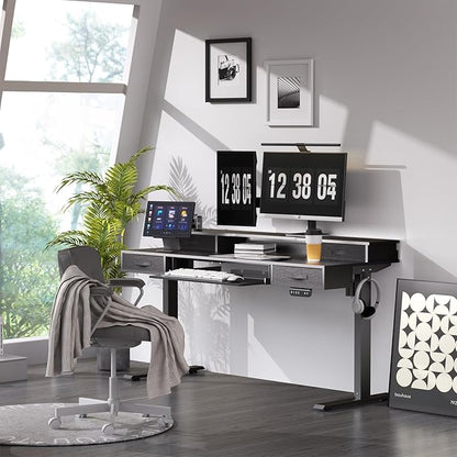 Electric Standing Desk, 55 Inches Height Adjustable Desk with Monitor Shelf, Large Sit Stand Desk with Drawers, Smart Home Office Computer Desk, Classic Black