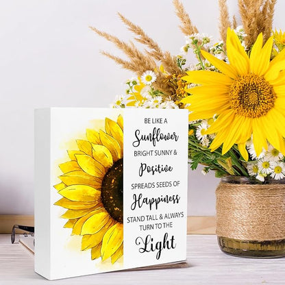 Creoate Sunflower Desk Decor, Inspirational Wood Block Sign Desk Decorations for Home Girls Room Dorm Office Desk Shelf Table Decor - Be Like a Sunflower Bright Sunny and Positive Uplifting Positive