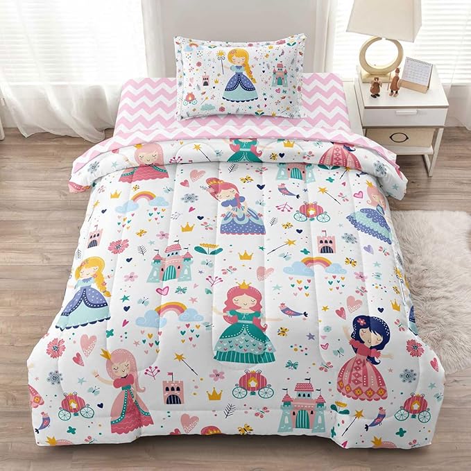 Girls Twin Bedding Sets, Kids Comforter Set for Teens w/Sheets and Pillowcase, Soft Reversible Cartoon Princess Bed in a Bag Sets