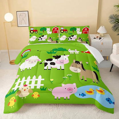 Farm Animal Comforter,Pig Cow Sheep Comforter Set for Kids Teens Girls Boys,3Pcs Bedding Set Printed Comforter with 2 Pillowcases,Down Alternative,Soft and Lightweight，Queen Size