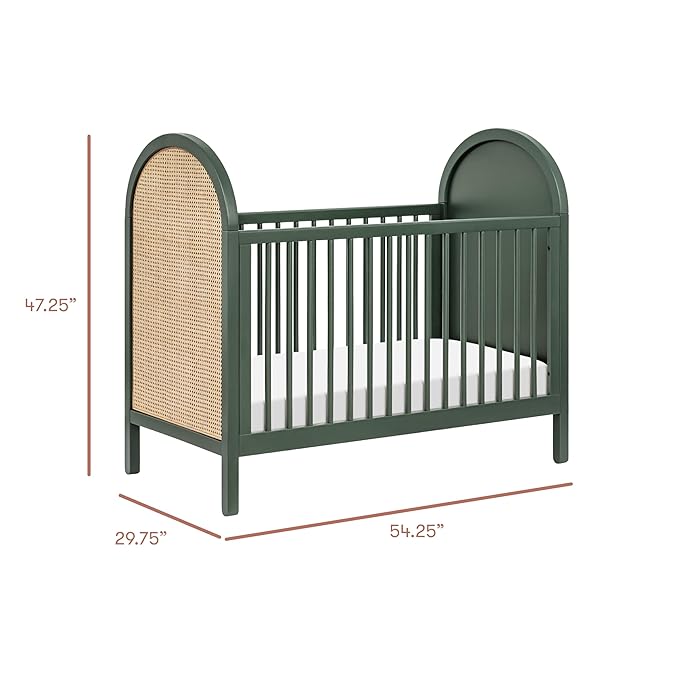 babyletto Bondi Cane 3-in-1 Convertible Crib with Toddler Bed Conversion Kit in Forest Green with Natural Cane, Greenguard Gold Certified